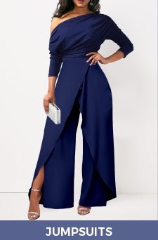 One Shoulder Asymmetry Navy Long Jumpsuit