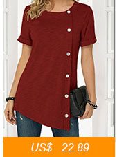 Button Detail Wine Red Asymmetric Hem T Shirt