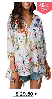 Printed Three Quarter Sleeve Button Neck Blouse