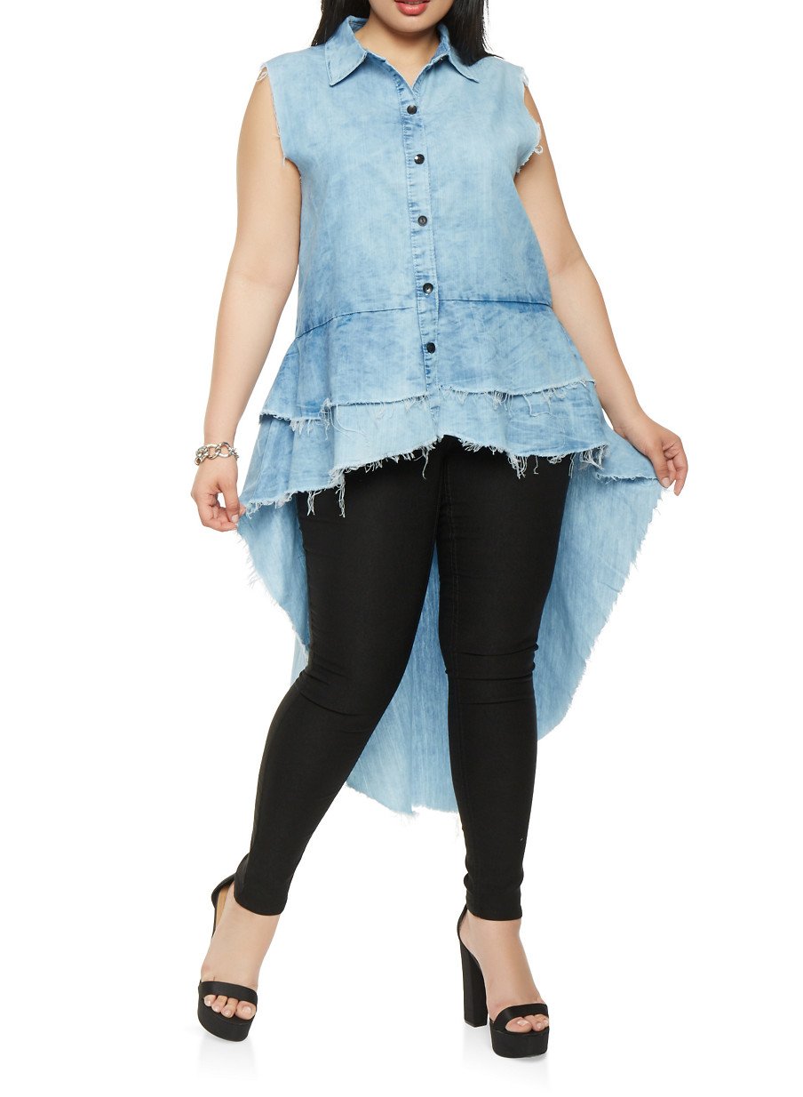 Plus Size Tiered High Low Chambray Shirt