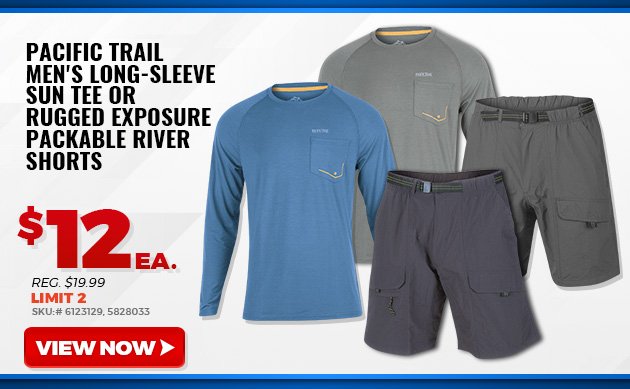 Pacific Trail Men's Long-Sleeve Sun Tee or Rugged Exposure Packable River Shorts