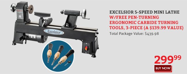 Excelsior 5-Speed Mini Lathe w/ Free Pen-Turning Ergonomic Carbide Turning Tools, 3-Piece