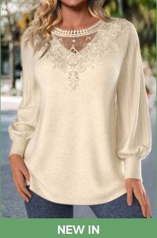 ROTITA Embroidery Beige Round Neck Long Sleeve T Shirt