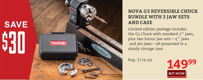 Save $30 on the Nova G3 Reversible Chuck Bundle with 3 Jaw Sets and Case