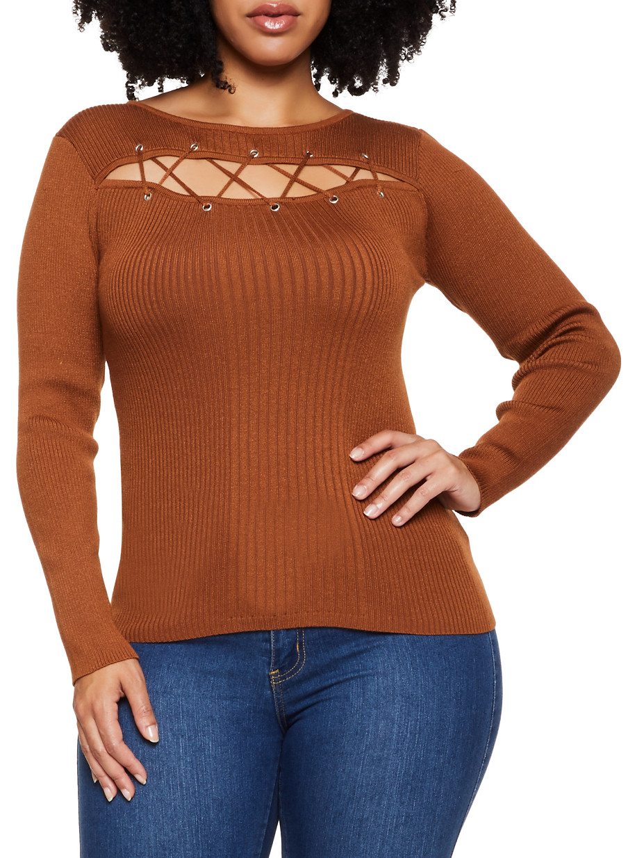 Plus Size Lace Up Slit Front Sweater