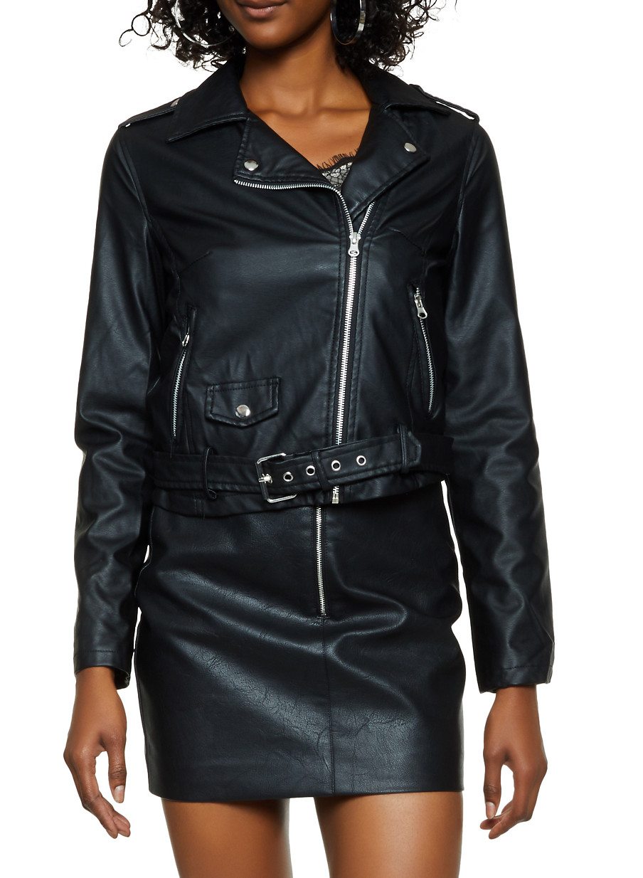 Belted Faux Leather Moto Jacket