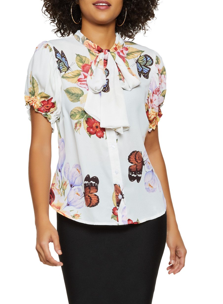 Butterfly Floral Tie Neck Shirt