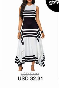 Stripe Print Asymmetric Hem Sleeveless Midi Dress