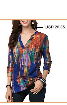 Split Neck Three Quarter Sleeve Printed Blouse