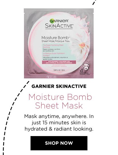 GARNIER SKINACTIVE - Moisture Bomb Sheet Mask - Mask anytime, anywhere. In just 15 minutes skin is hydrated & radiant looking. - SHOP NOW