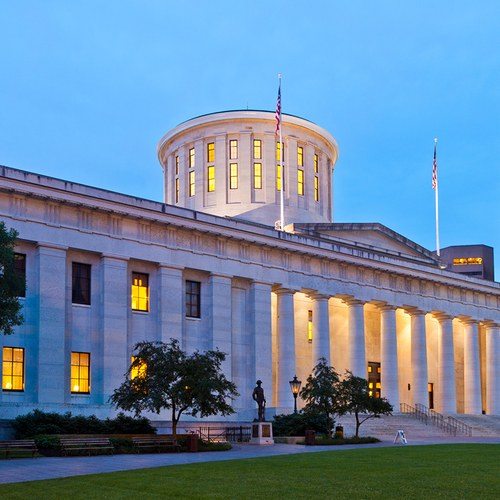 Ohio's state house lit up at night.