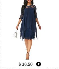 Three Quarter Sleeve Chiffon Overlay Navy Lace Dress