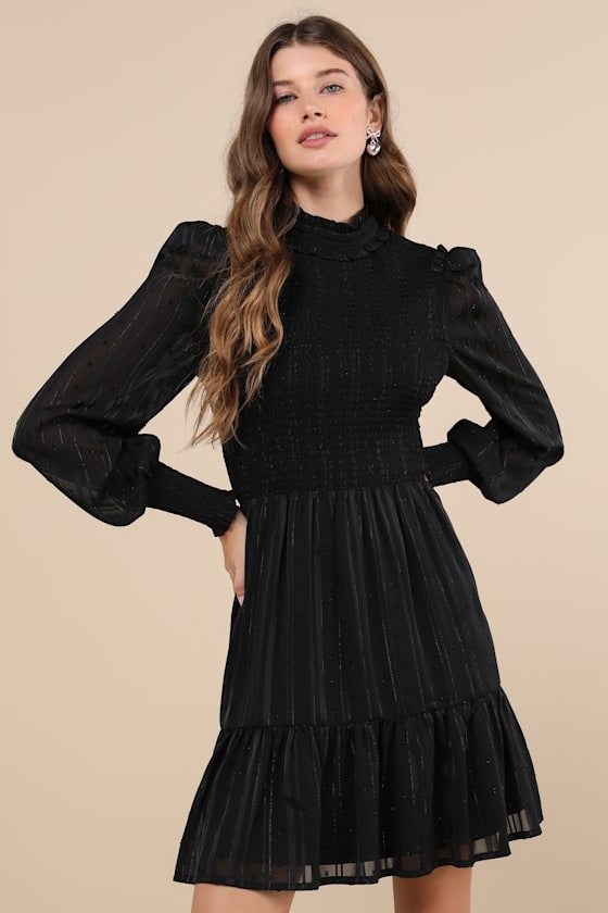 Image of Heartful Romance Black Striped Smocked Long Sleeve Mini Dress