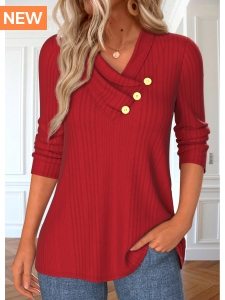 ROTITA Button Red V Neck Long Sleeve T Shirt