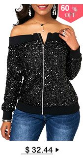 Off the Shoulder Zipper Up Sequin Sweatshirt