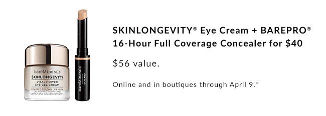 Skinlongevity® Eye Cream + BAREPRO® 16-Hour Full Coverage Concealer for $40