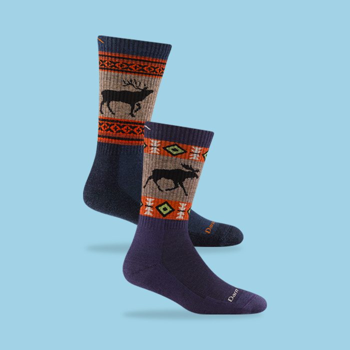 Shop Gift Sets - product image of navy blue wool socks with moose graphic