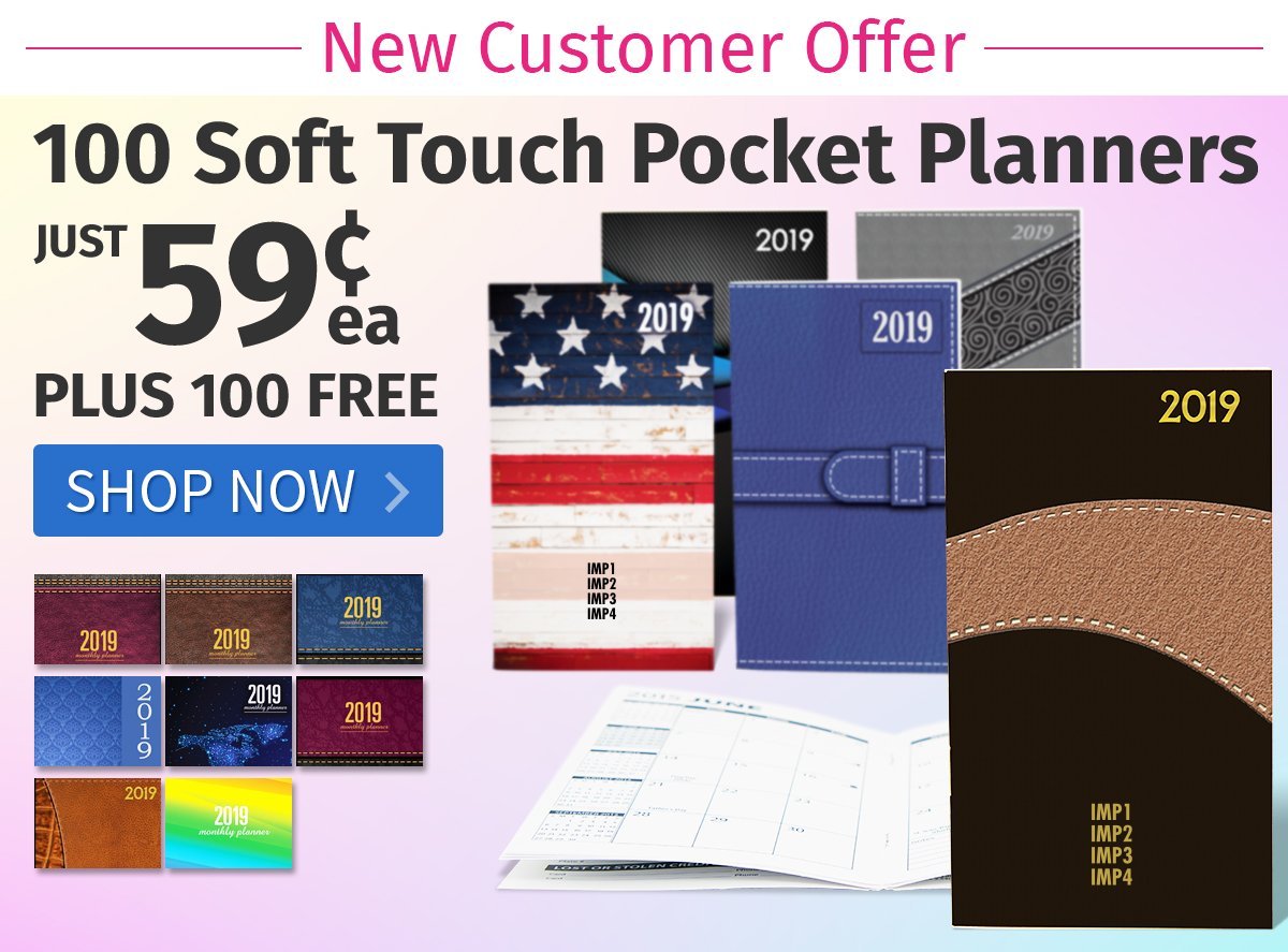 Buy 100 Soft Touch Pocket Planners for only 59¢ each and Get 100 FREE!