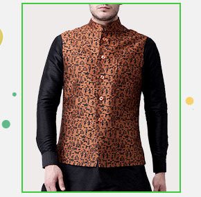 Printed Dupion Silk Nehru Jacket in Brown