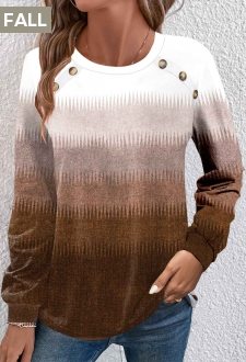 ROTITA Button Ombre Dark Camel Round Neck T Shirt