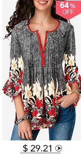 Printed Button Up Pleated Three Quarter Sleeve Blouse