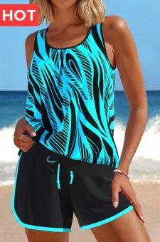 Patchwork Geometric Print Mint Green Tankini Set