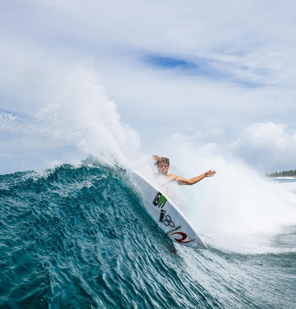 Conner Coffin on the rail in the Mirage Conner Spin Out Boardshorts