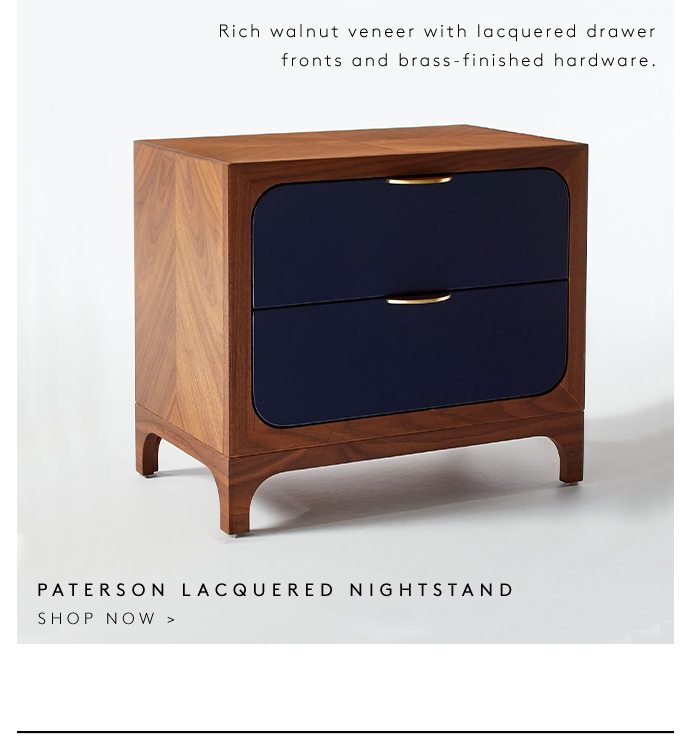 Rich walnut veneer with lacquered drawer fronts and brass-finished hardware. PATERSON LACQUERED NIGHTSTAND SHOP NOW
