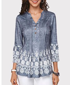 Button Detail Split Neck Printed Pleated Blouse