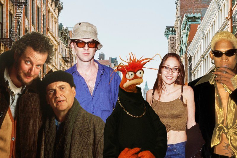 Collage of Daniel Stern, Joe Pesci, Paul Thomas Anderson, Pepe the Prawn (Muppet), Fiona Apple, and Dennis Rodman in front of buildings in Soho, New York
