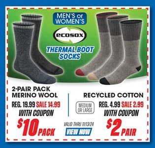 EcoSox Merino Wool or Recycled Cotton Thermal Boot Socks