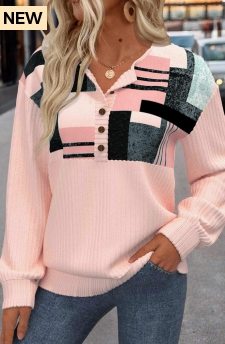 ROTITA Patchwork Geometric Print Light Pink Turn Down Collar Sweatshirt