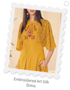 Embroidered Art Silk Dress in Mustard