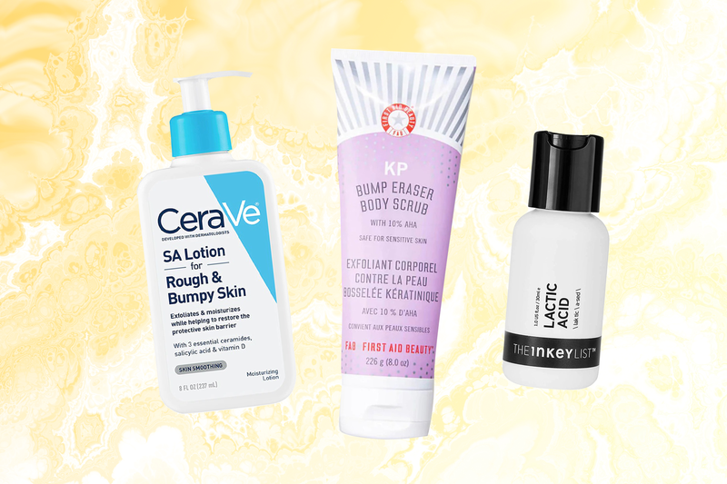 Best KP Treatments: a collage of CeraVe SA Lotion, KP Bump Eraser Body Scrub, and The Inkey List Lactic Acid on a tie-dye yellow background