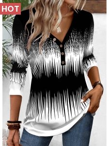 ROTITA Patchwork Ombre Black V Neck Long Sleeve T Shirt