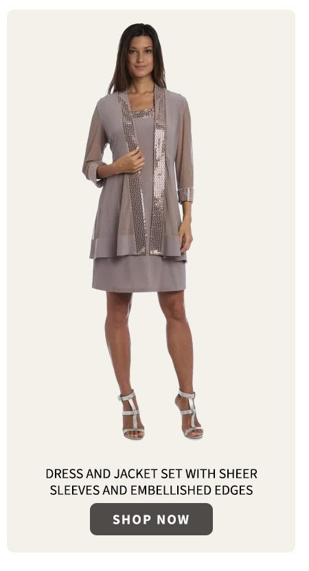 Dress and Jacket Set with Sheer Sleeves and Embellished Edges 