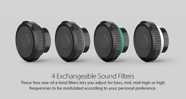4 Exchangeable Sound Filters. These four one-of-a-kind filters lets you adjust for bass, mid, mid-high or high frequencies to be modulated according to your personal preference.