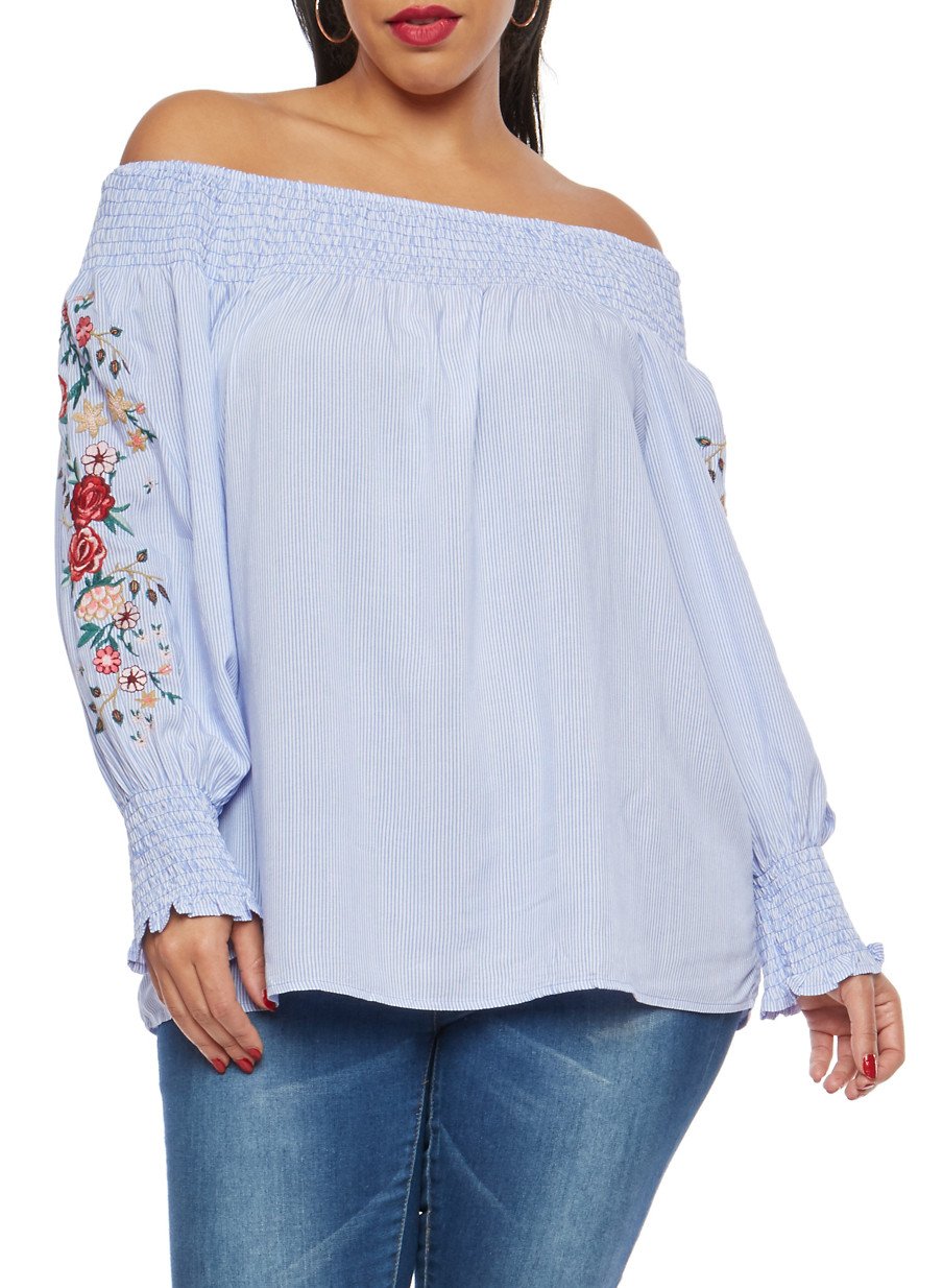 Plus Size Floral Embroidered Off the Shoulder Top