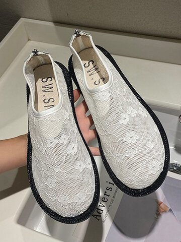 Lace Flowers Back-zip Flat Loafers