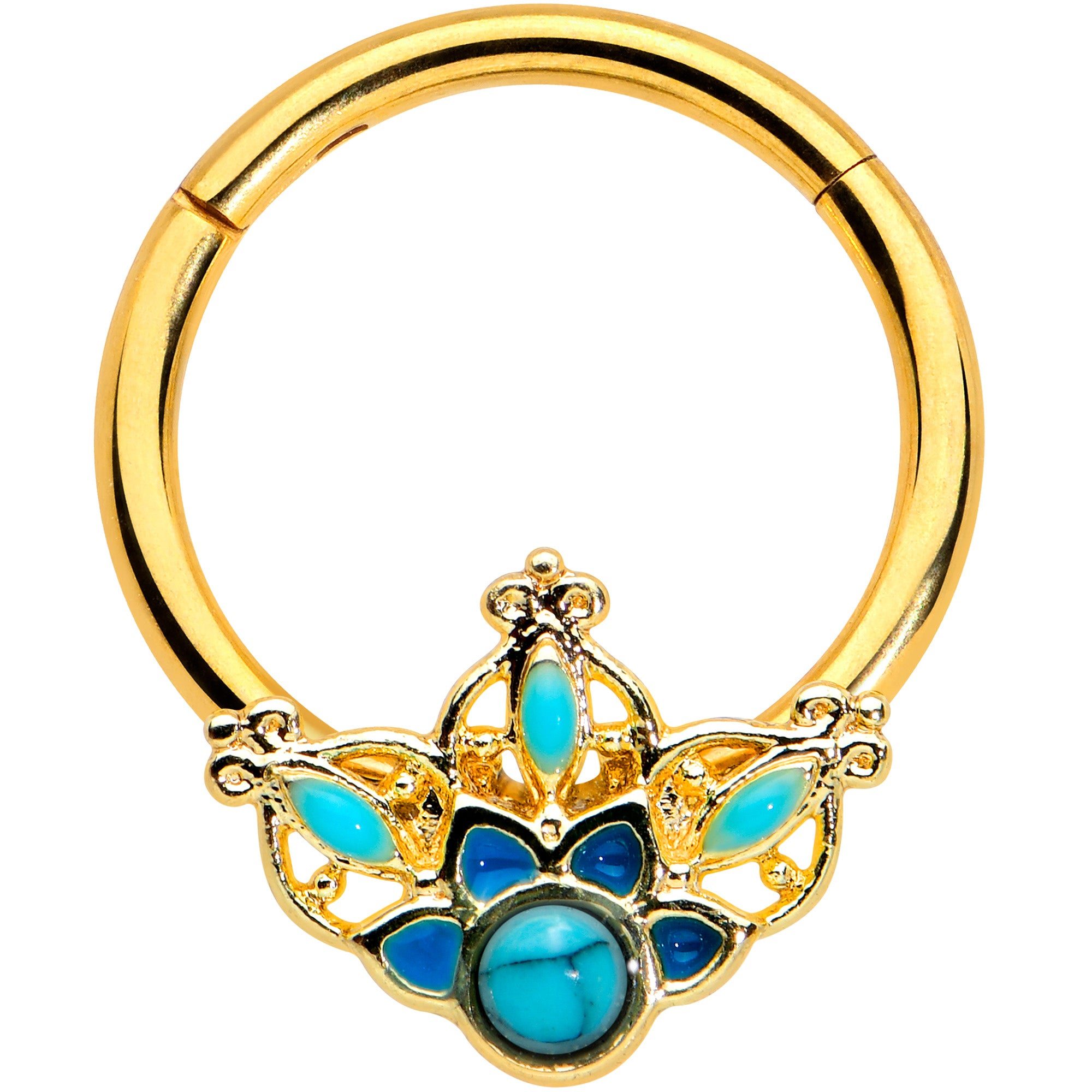 Image of 16 Gauge 3/8 Turquoise Gold Tone Opulent Flower Hinged Segment Ring