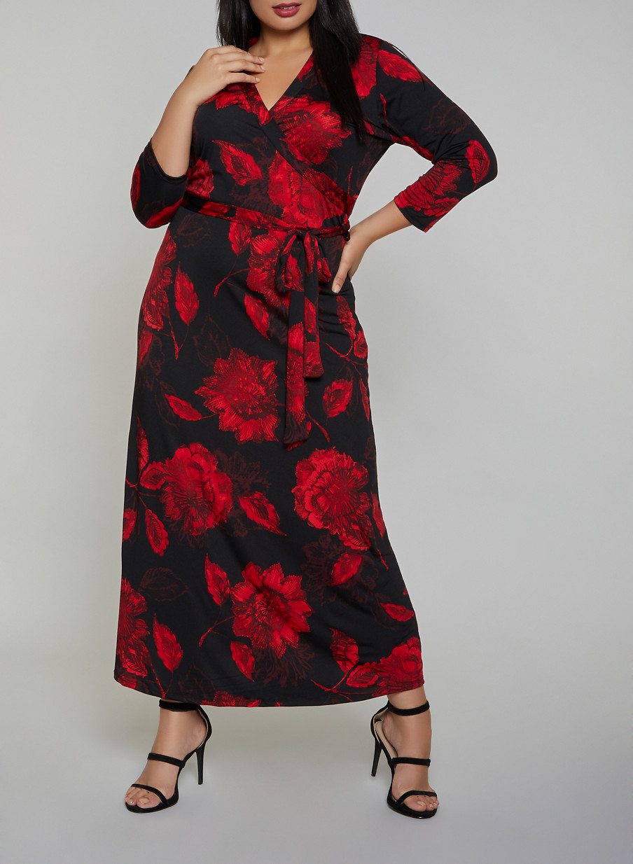 Plus Size Floral Faux Wrap Maxi Dress