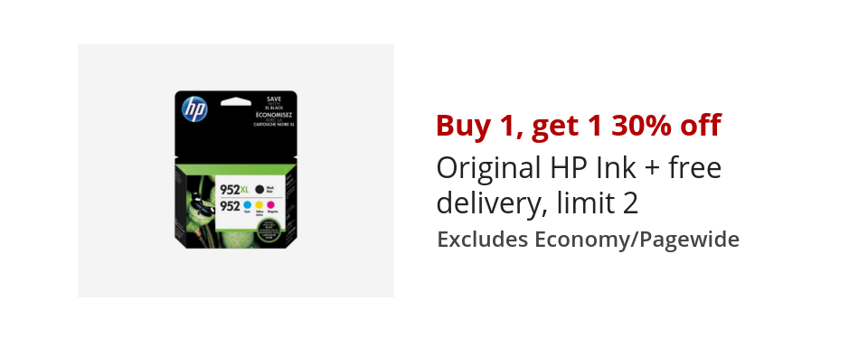 Buy 1, get 1 30% off Original HP Ink + free delivery, limit 2 Excludes Economy/Pagewide