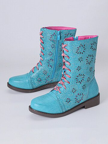 Women Flower Strappy Leather Block Heel Boots