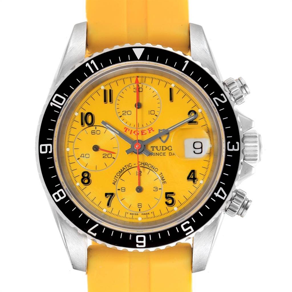 Image of Tudor Tiger Woods Prince Date Yellow Dial Leather Strap Mens Watch 79270