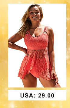 Lace Panel Asymmetric Hem Orange Lingerie Swimdress and Panty 