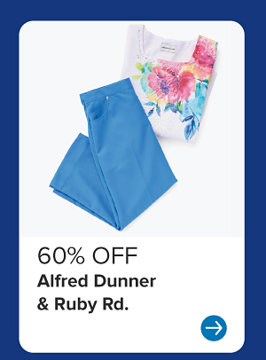 Image of floral shirt and blue pants. 60% off Alfred Dunner and Ruby Road.