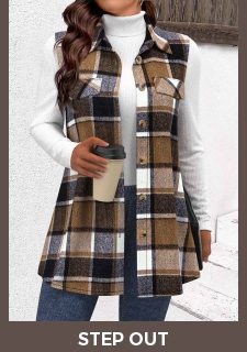 Dark Camel Patchwork Plaid Sleeveless Shirt Collar Waistcoat