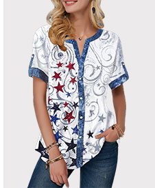 Split Neck Button Up Star Print Blouse