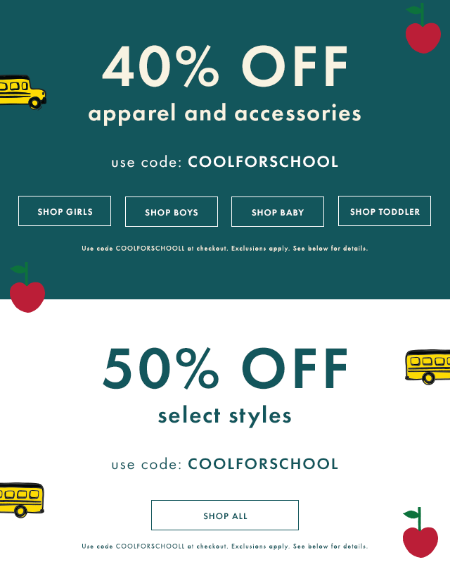 Forty Percent off apparel and accessories. Fifty percent off select styles