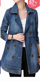 Button Embellished Notch Collar Long Sleeve Denim Coat